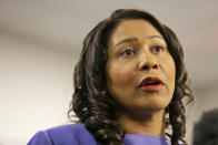 FILE - In this Aug. 2, 2019, file photo, San Francisco Mayor London Breed speaks during a news conference in San Francisco. The potential ascendancy of Sen. Kamala Harris to the vice presidency next year has kicked off widespread speculation about who might replace her if Democrats seize the White House. California Gov. Gavin Newsom is already being lobbied by hopefuls and numerous names are emerging in the early speculation. Several mayors would be possible picks, including Breed, who in Black and has ties to Harris. (AP Photo/Eric Risberg, File)