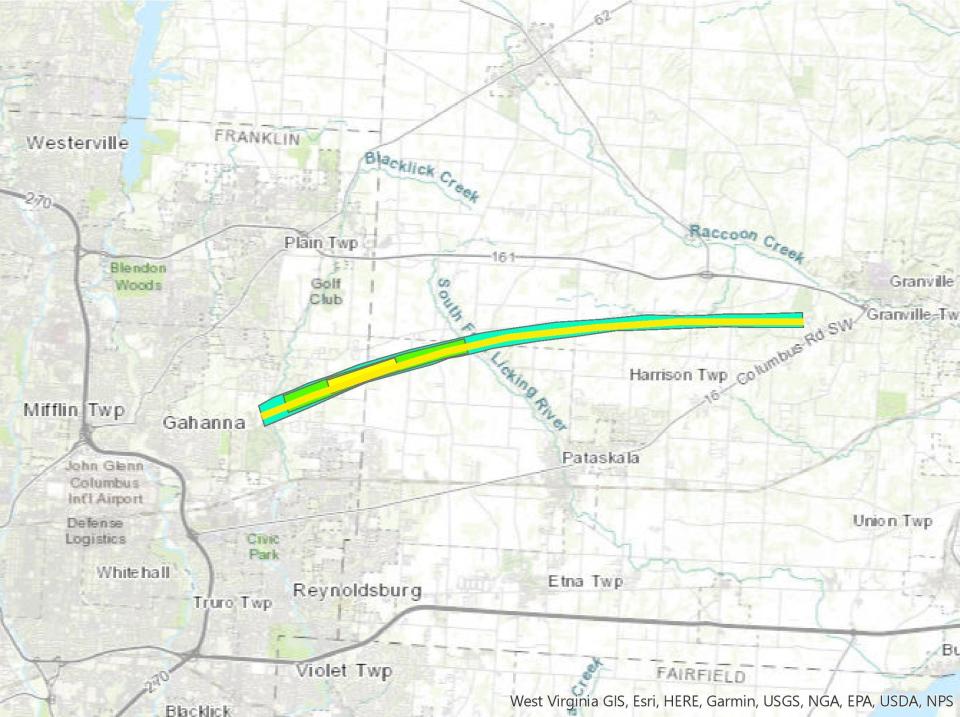 THe path of the EF2 tornado that touched down in the Blacklick area in Jefferson Township, eastern Franklin County, then crossed into Pataskala and Jersey in western Licking County and weakened to an EF1 tornado before dissipating southwest of Granville.