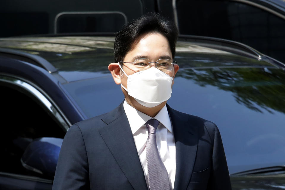 FILE - In this June 8, 2020 file photo, Samsung Electronics Vice Chairman Lee Jae-yong arrives at the Seoul Central District Court in Seoul, South Korea. As Samsung Electronics mourns the death of its long-time chairman, Lee Kun-Hee, questions loom over what's next for South Korea's biggest company. Samsung has struggled for years to diversify from its core hardware business to tap new technologies and services. (AP Photo/Ahn Young-joon, File)