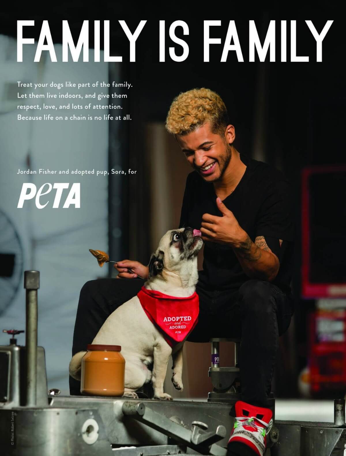 Jordan Fisher says his adopted dog, Sora, is part of his family. (Photo: PETA)