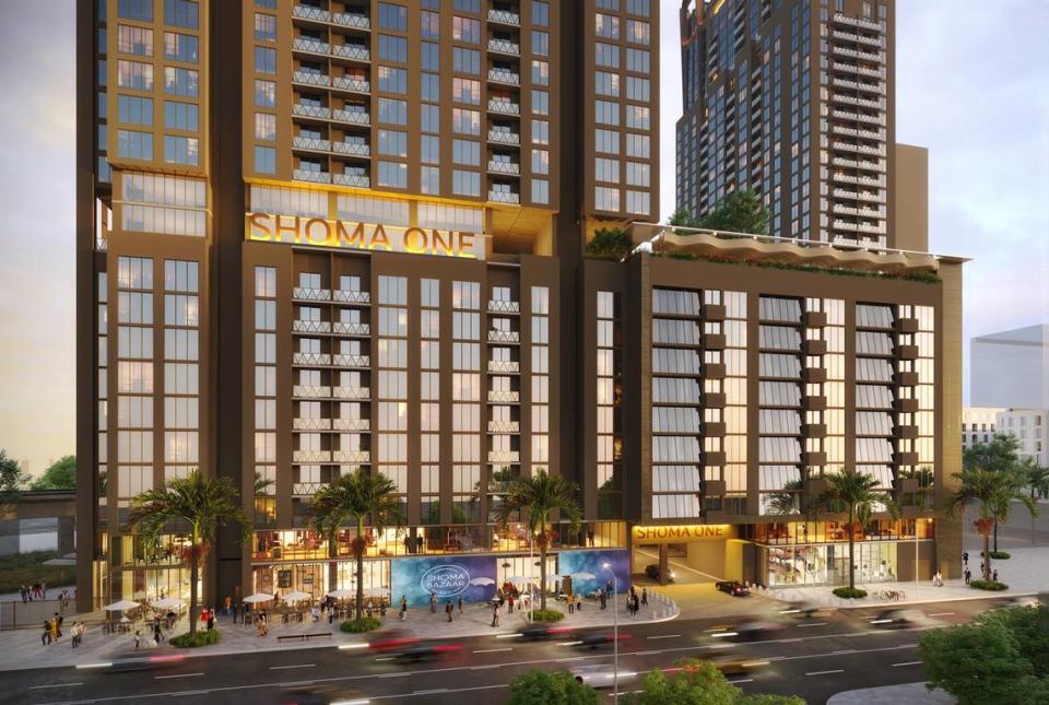 An architectural rendering shows the planned Shoma One commercial and residential project near the intersection of U.S. 1 and Bird Road and the Douglas Road Metrorail Station. The project includes two 40-story apartment towers and a food hall. Shoma Group