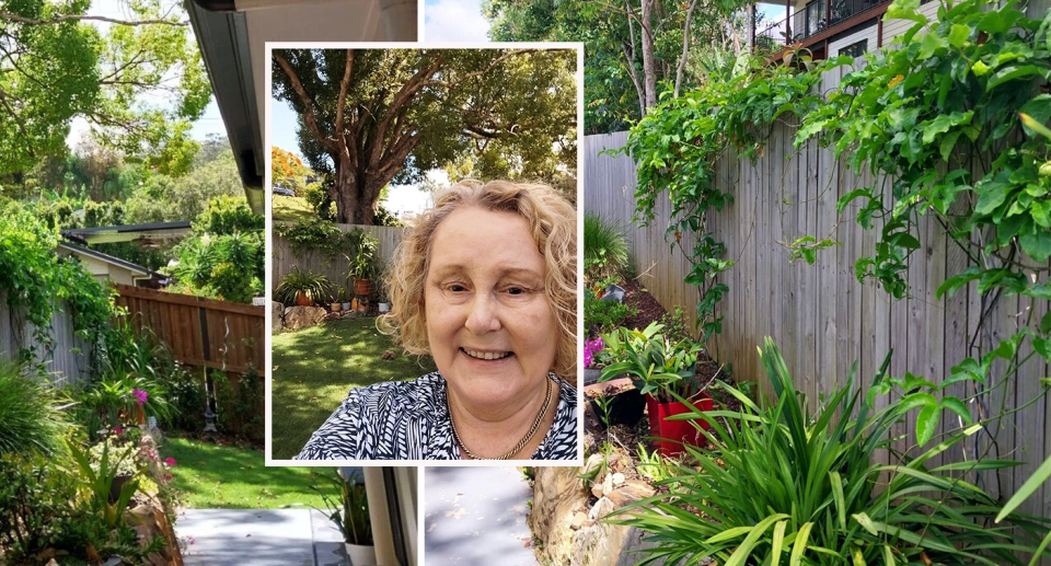 Jocelyn Mickan pictured in an inset; and her garden showing overhanging trees from her neighbour.