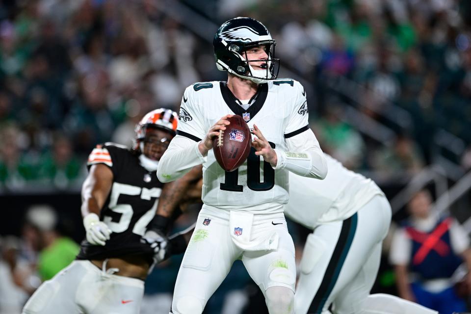 Philadelphia Eagles quarterback Tanner McKee (10) looks to pass during the second half of a preseason game against the Cleveland Browns on Thursday, Aug. 17, 2023, in Philadelphia.