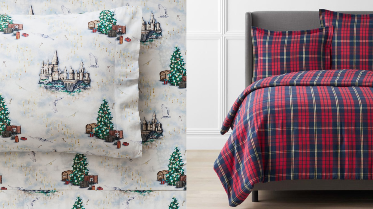 Disney's flannel sheet setting at Kohl's and a duvet cover from The Company Store are just two great holiday bedding options available this year.