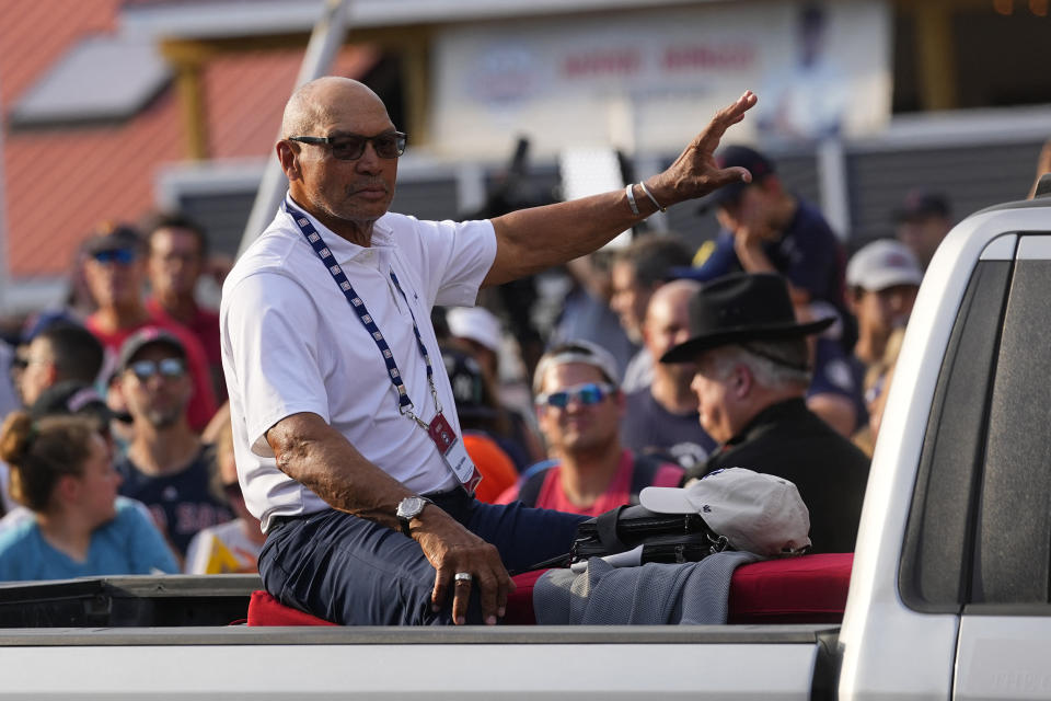 File photo: Jul 23, 2022; Cooperstown, NY, USA; Hall of Fame member Reggie Jackson arrives at the National Baseball Hall of Fame during the parade of legends. Mandatory Credit: Gregory Fisher-USA TODAY Sports/File photo