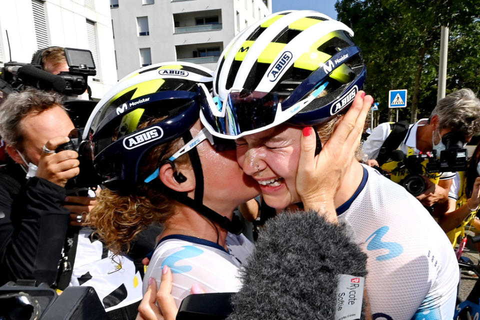 BLAGNAC FRANCE  JULY 28 LR Floortje Mackaij of The Netherlands and stage winner Emma Norsgaard of Denmark and Movistar Team react after the 2nd Tour de France Femmes 2023 Stage 6 a 1221km stage from Albi to Blagnac  UCIWWT  on July 28 2023 in Blagnac France Photo by Tim de WaeleGetty Images