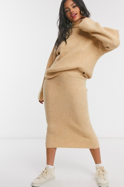 ASOS DESIGN fluffy midi skirt in camel. Image via asos.com