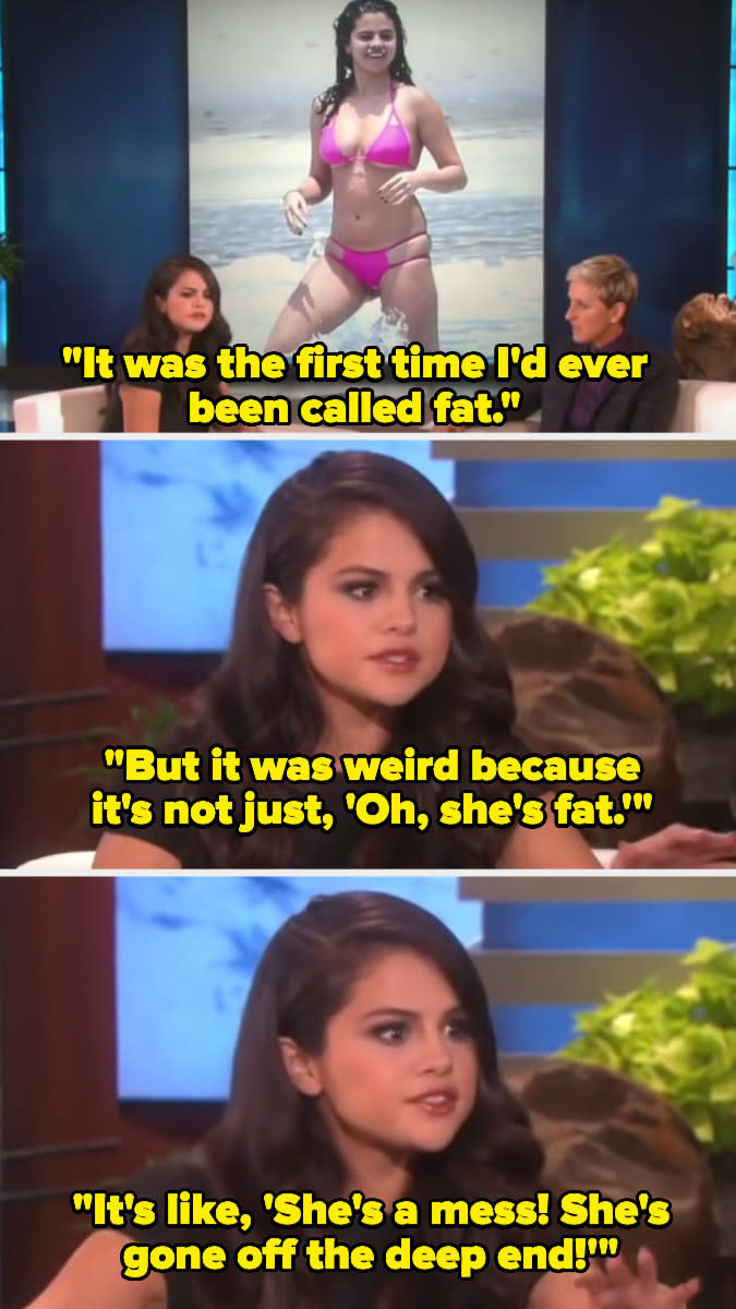 Selena talking with Ellen Degeneres with a picture of her in a bikini behind them and the words "It was the first time I'd ever been called fat."