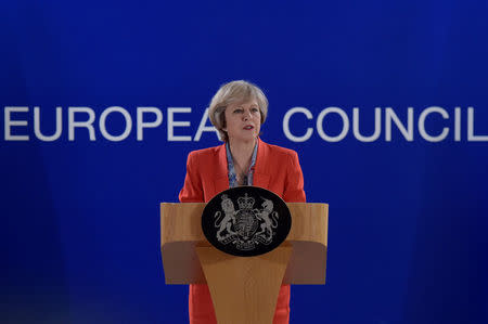 Britain's Prime Minister Theresa May holds a news conference after the EU summit in Brussels, Belgium October 21, 2016. REUTERS/Eric Vidal