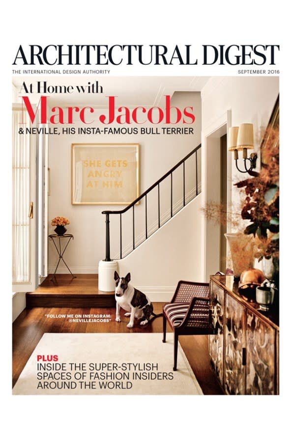 <p>Not only did Marc Jacobs’s beloved dog get a September cover, but the pooch also got to plug his Instagram handle on it. Neville Jacobs is living his best life — whether he knows how good he’s got it or not. Here, Neville poses at the designer’s New York home.</p><p><i>(Photo: Architectural Digest)</i></p>