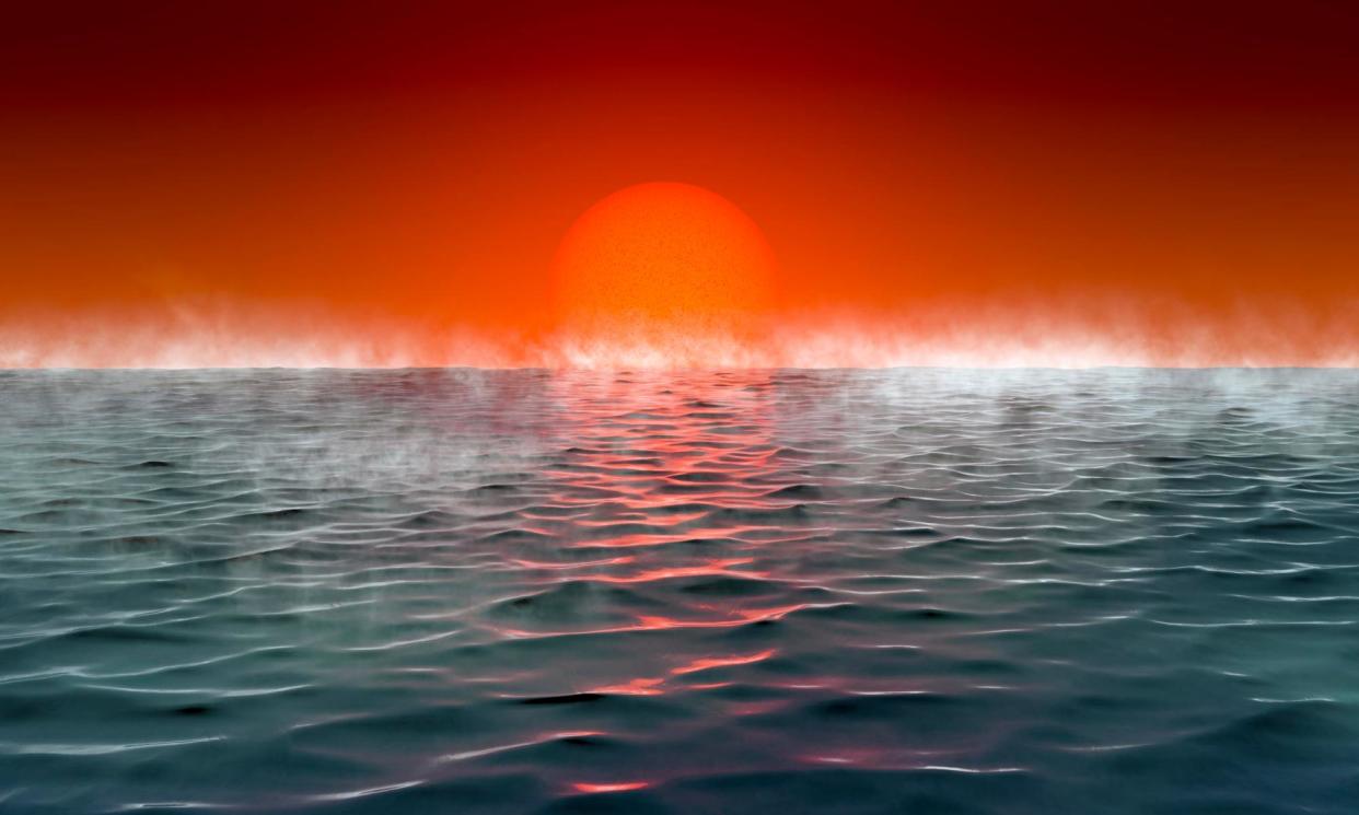 <span>An artist’s impression of the surface of a ‘hycean’ planet – one with a liquid water ocean beneath a hydrogen atmosphere.</span><span>Photograph: Amanda Smith/PA</span>