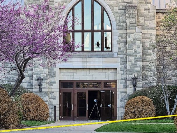 PHOTO: This image released by the Metro Nashville Police Department, March 27, 2023, shows the 2nd story broken windows the shooter fired from on arriving police vehicles at the Covenant School building at the Covenant Presbyterian Church, (Handout/Metro Nashville Police Departmen)
