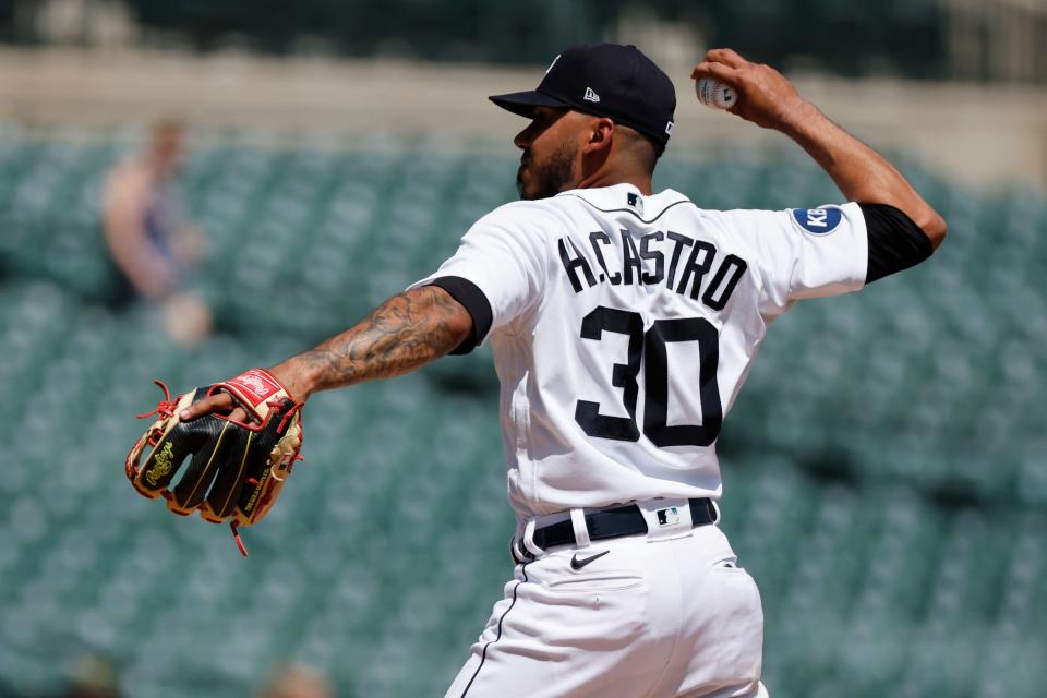 Tigers shortstop Harold Castro pitches in the seventh inning against the White Sox on Wednesday, June 15, 2022, at Comerica Park.