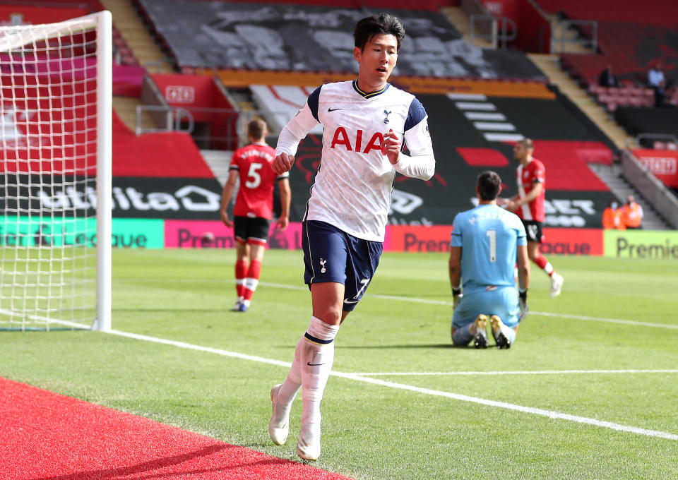 Tottenham Hotspur's Son Heung-min celebrates scoring his side's fourth goal of the game during the Premier League match at St Mary's Stadium, Southampton.