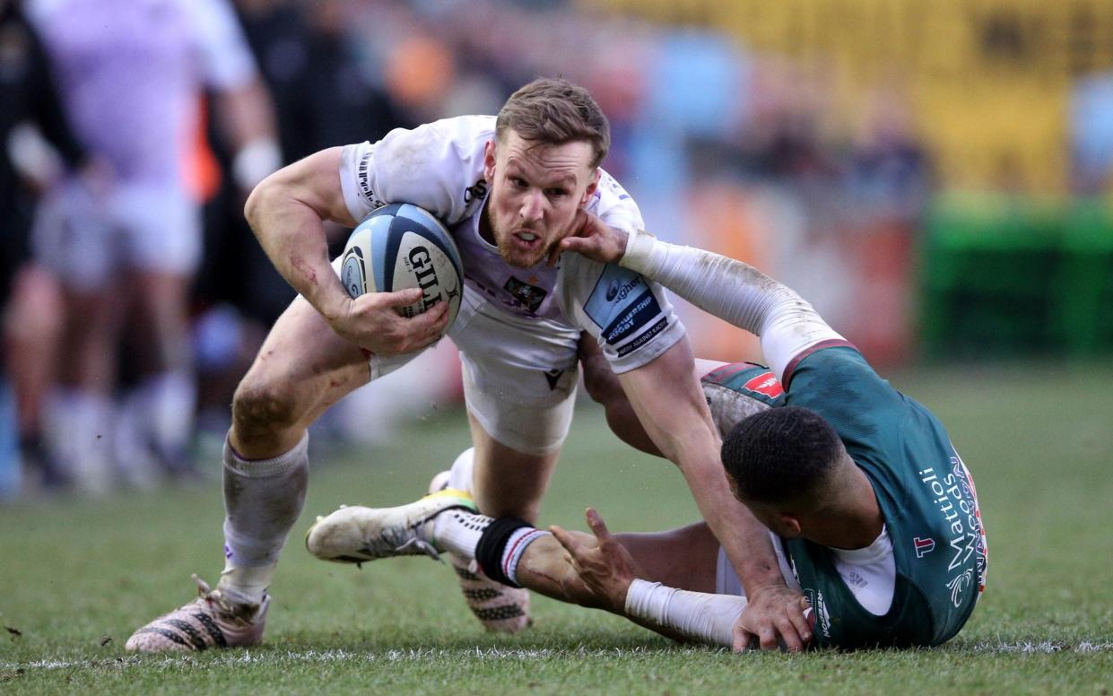 Anthony Watson tackles Northampton Saints's€™ Rory Hutchinson during the Gallagher Premiership match at the Mattioli Woods Welford Road Stadium, Leicester