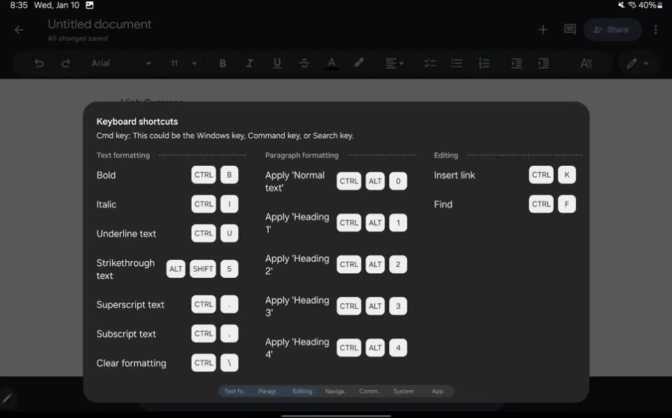 Gboard's new physical keyboard toolbar offers a keyboard shortcut menu.