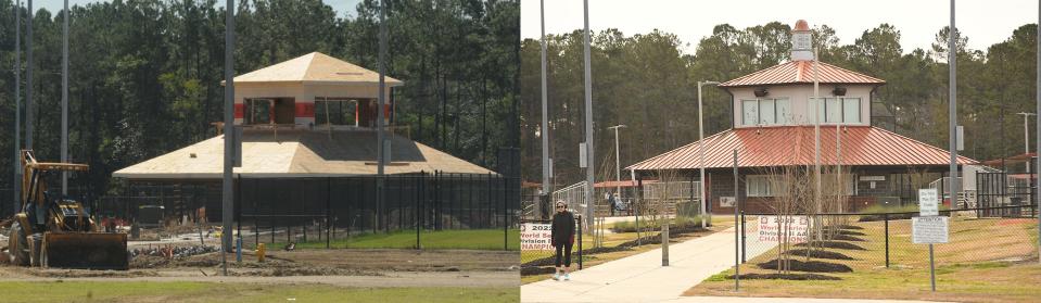 Construction crews were working to complete Town Creek Park's concessions stand with restrooms on Aug. 26, 2014, in Winnabow.