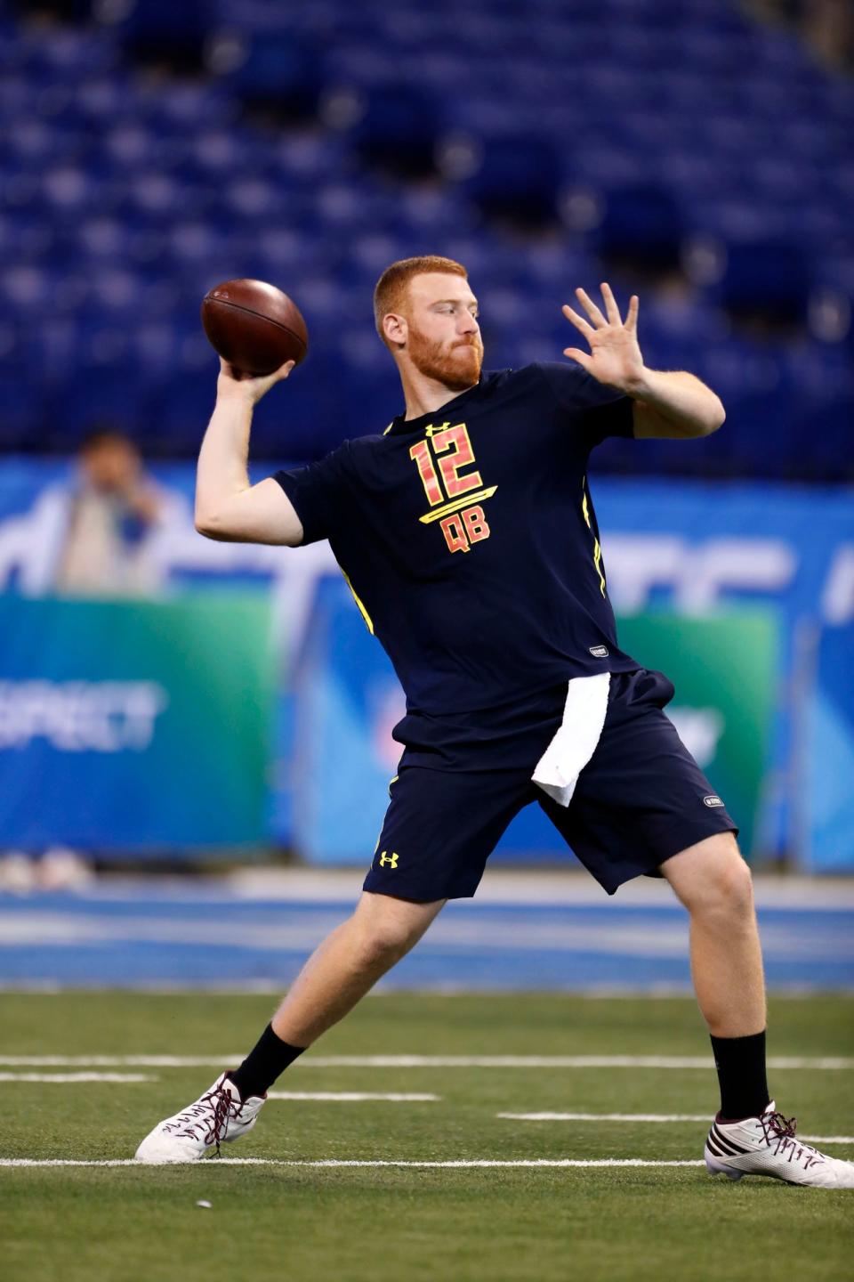 Mar 4, 2017; Indianapolis, IN, USA; Former Central Michigan quarterback Cooper Rush throws a pass during the 2017 NFL combine at Lucas Oil Stadium.