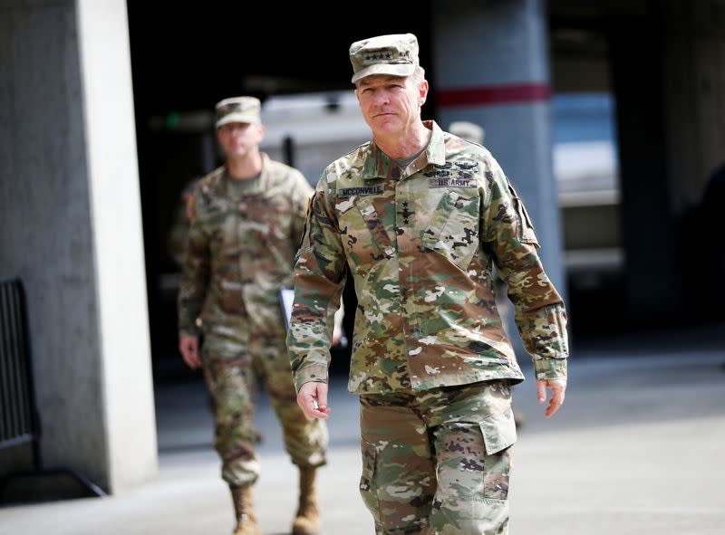 Army Chief of Staff General McConville at a military field hospital for non-coronavirus patients inside CenturyLink Field Event Center during the coronavirus disease (COVID-19) outbreak in Seattle