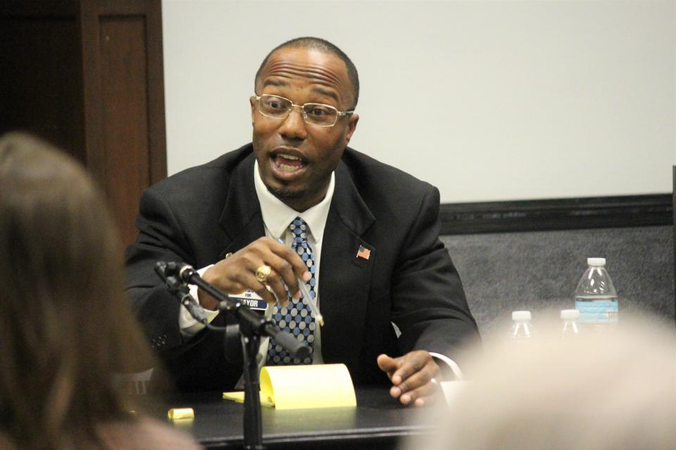 Lubbock mayoral candidate Stephen Sanders speaks during the Texas Tech Public Media mayoral forum Monday at Mahon Library.