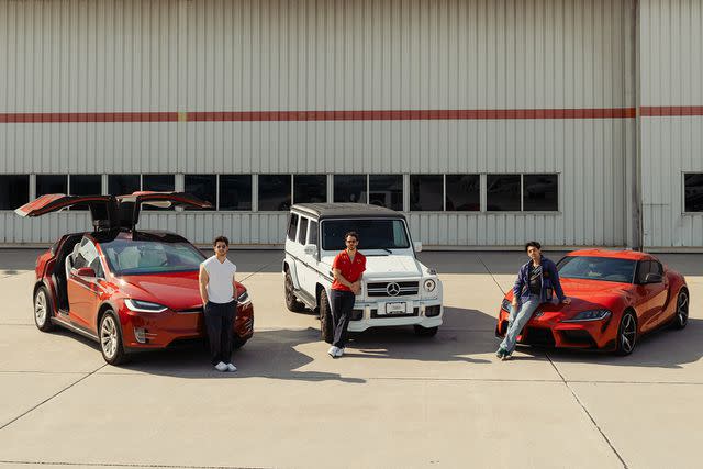 <p>Courtesy of Turo</p> Nick, Kevin and Joe Jonas pose with cars.