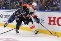 Philadelphia Flyers defenseman Ivan Provorov (9) of Russia beats St. Louis Blues center Robert Thomas (18) to the puck during the second period of an NHL hockey game Wednesday, Jan. 15, 2020 in St. Louis. (AP Photo/Dilip Vishwanat)