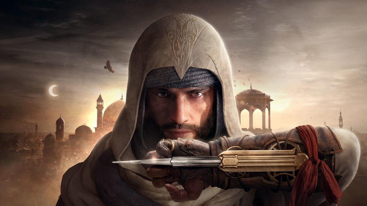 assassin's creed mirage, basim stares forward with his left hand up showing his hidden blade, with old baghdad buildings, eagles and a moon at sunset in the background