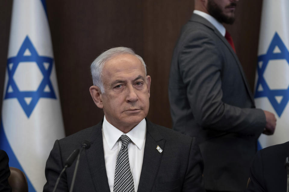 Israeli Prime Minister Benjamin Netanyahu chairs the weekly cabinet meeting in Jerusalem, Sunday, Feb.12, 2023. (AP Photo/Ohad Zwigenberg, Pool)