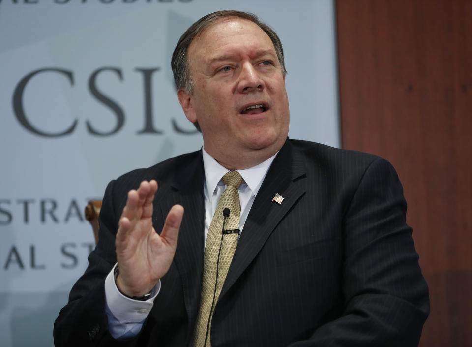 CIA Director Mike Pompeo answers questions at the Center for Strategic and International Studies (CSIS) in Washington, Thursday, April 13, 2017. Pompeo denounced WikiLeaks, calling the anti-secrecy group a "hostile intelligence agency." (AP Photo/Pablo Martinez Monsivais)