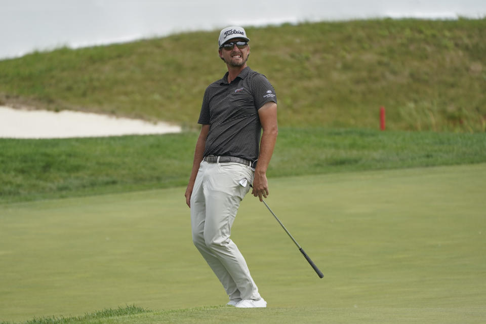 Roger Sloan watches his ball miss the hole on 18 during the second round of the 3M Open golf tournament in Blaine, Minn., Friday, July 23, 2021. (AP Photo/Craig Lassig)