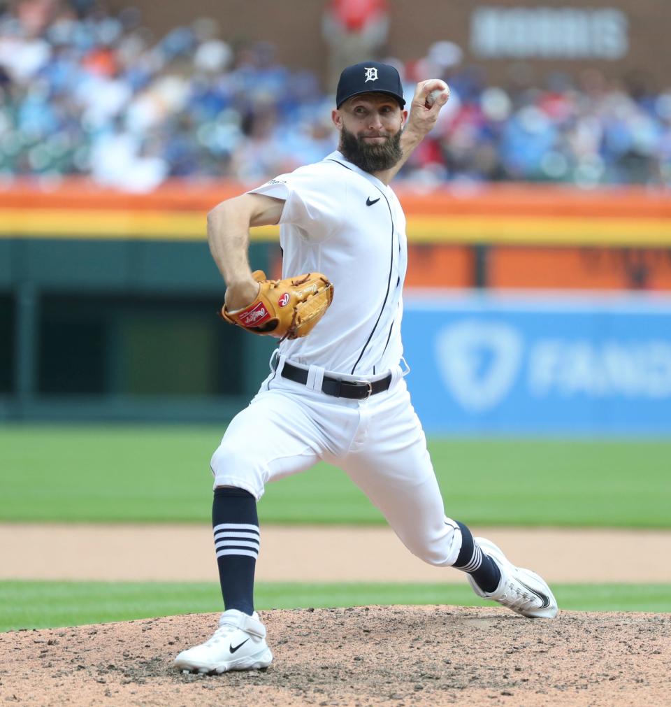 Detroit Tigers reliever Chasen Shreve (36) pitches against the Toronto Blue Jays during eighth-inning action at Comerica Park in Detroit on Sunday, July 9, 2023.