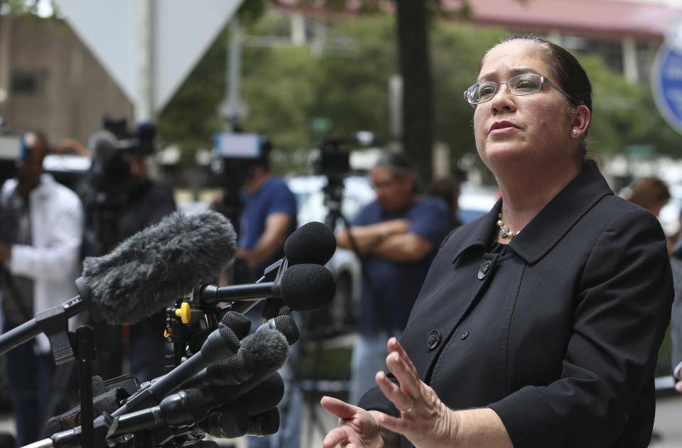 Mexican American Legal Defense and Educational Fund attorney Nina Perales answers questions from the press after a court hearing in lawsuit filed by states challenging the Deferred Action for Childhood Arrivals (DACA) program at the United States District Courthouse on Wednesday, Aug. 8, 2018, in Houston. (Yi-Chin Lee/Houston Chronicle via AP)