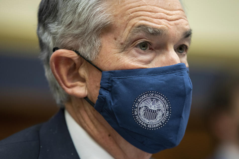 Federal Reserve Chairman Jerome Powell wears a mask during a House Committee on Financial Services hearing on Capitol Hill in Washington, Wednesday, Dec. 1, 2021. (AP Photo/Amanda Andrade-Rhoades)