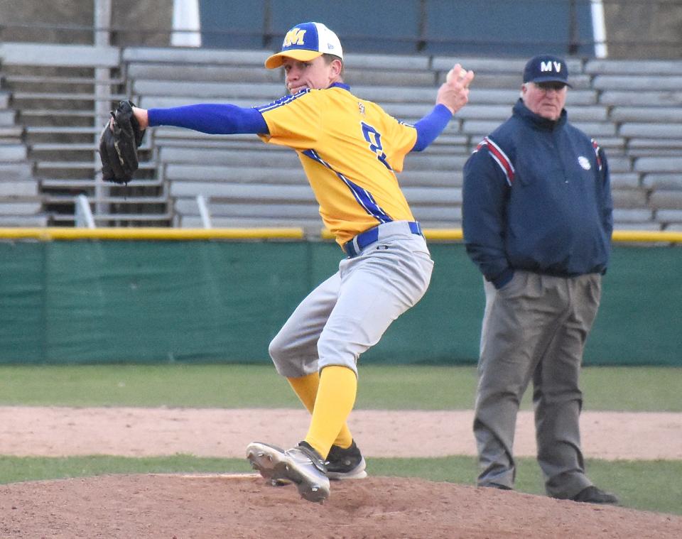 Mt. Markham Mustang Bennett Schoonover prepares to deliver a pitch against Little Falls Wednesday  at Veterans Memorial Park.