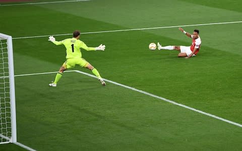 Pierre-Emerick Aubameyang scores a goal for Arsenal during the UEFA Europa League Group E match between Arsenal and Vorskla Poltava - Credit: David Price/Arsenal FC via Getty Images