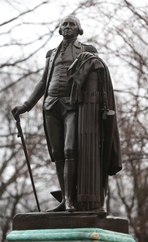 A statue of President George Washington stands at Lafayette Park in St. Louis on February 19. On April 30, 1789, Washington was inaugurated as the first president of the United States. File Photo by Bill Greenblatt/UPI