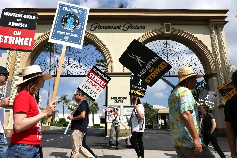 Writers and actors strike outside Paramount Studios in Los Angeles on September 18, 2023.