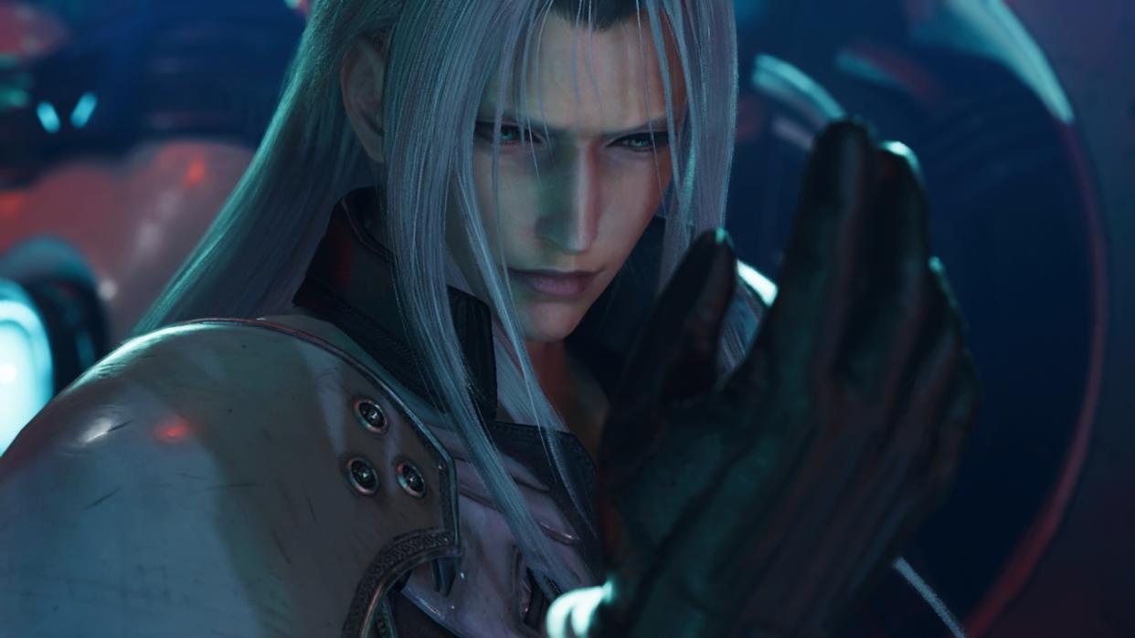  Final Fantasy 7 Rebirth's Sephiroth looking at their hand in contemplation. 