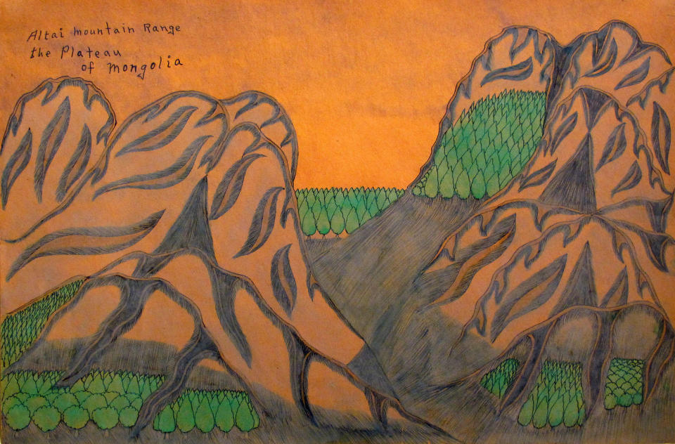 Joseph Yoakum, Altai Mountain Range, 1966, colored pencil and ballpoint pen on paper, 12 x 18.75 inches