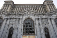 FILE- The exterior of the Michigan Central Station is seen, Thursday, Jan. 21, 2010 in Detroit. A once hulking scavenger-ravaged monolith that symbolized Detroit's decline reopens this week after a massive six-year multimillion dollar renovation by Ford Motor Co., which restored the Michigan Central Station to its past grandeur with a focus squarely on the future of mobility. (AP Photo/Carlos Osorio_File)