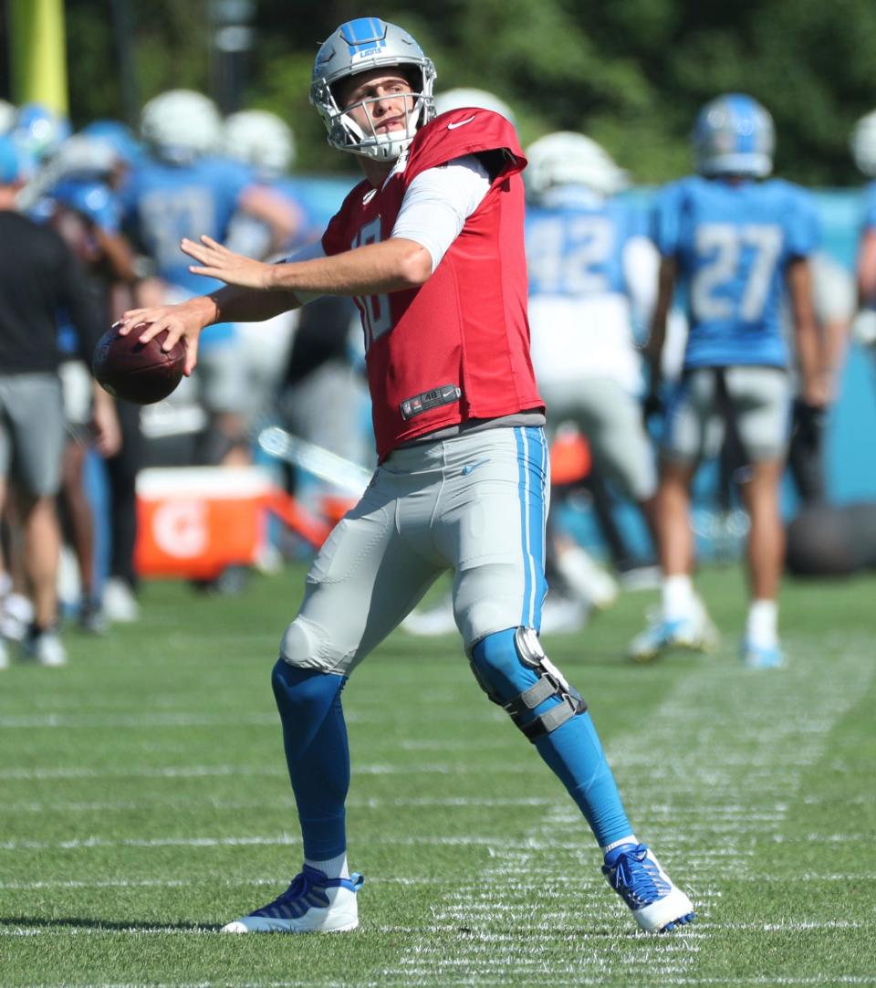 Lions quarterback Jared Goff passes during the Lions' joint practice with the Jaguars on Wednesday, Aug. 16, 2023, in Allen Park.