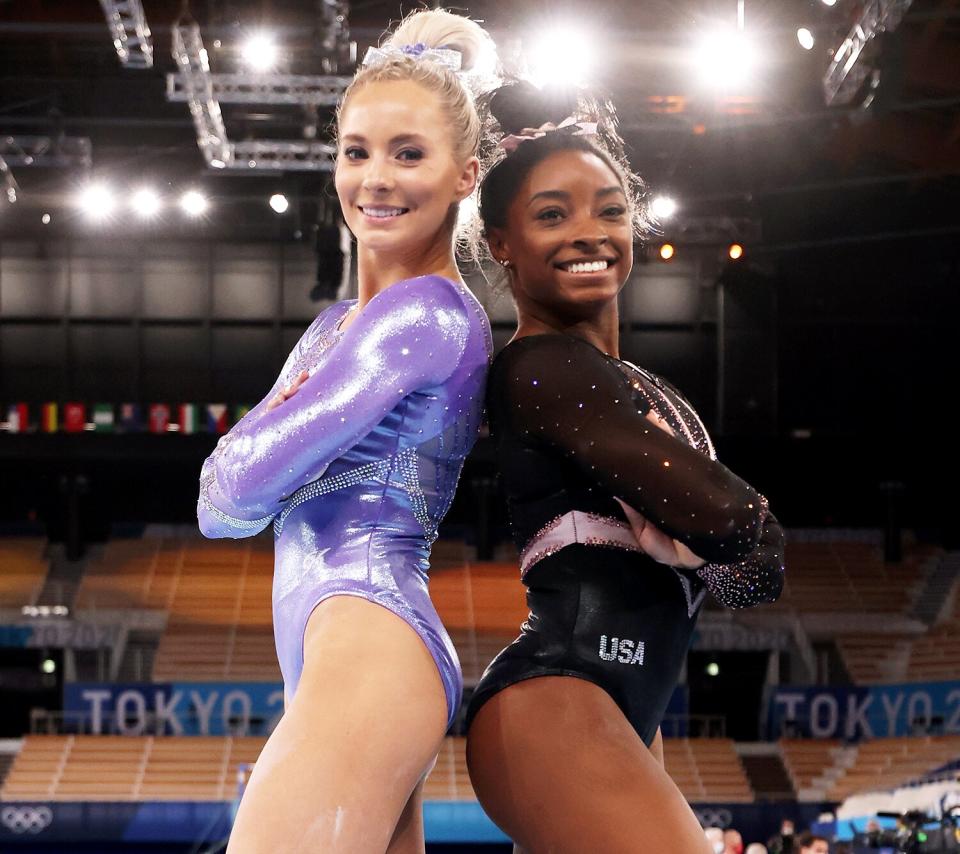 MyKayla Skinner and Simone Biles of Team United States pose for a picture during Women's Podium Training ahead of the Tokyo 2020 Olympic Games at Ariake Gymnastics Centre on July 22, 2021 in Tokyo, Japan.