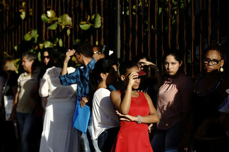 People wait in line to enter the U.S. Embassy, which is revising their documentation prior to their appointment at a U.S. Embassy in a third country, in Havana, Cuba, August 22, 2018. REUTERS/Alexandre Meneghini