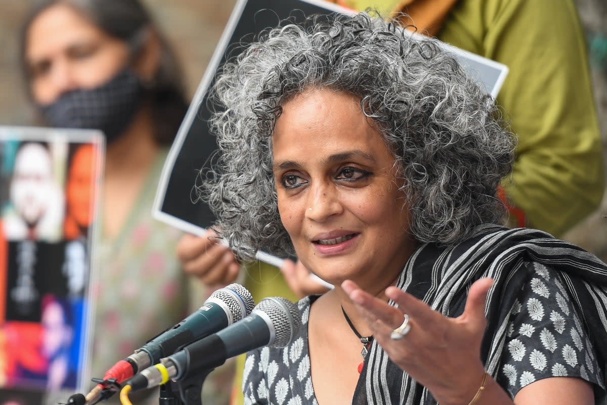 Arundhati Roy speaks during a press conference on Supreme Court’s opinion on public protests in New Delhi on 22 October 2020 (AFP via Getty Images)