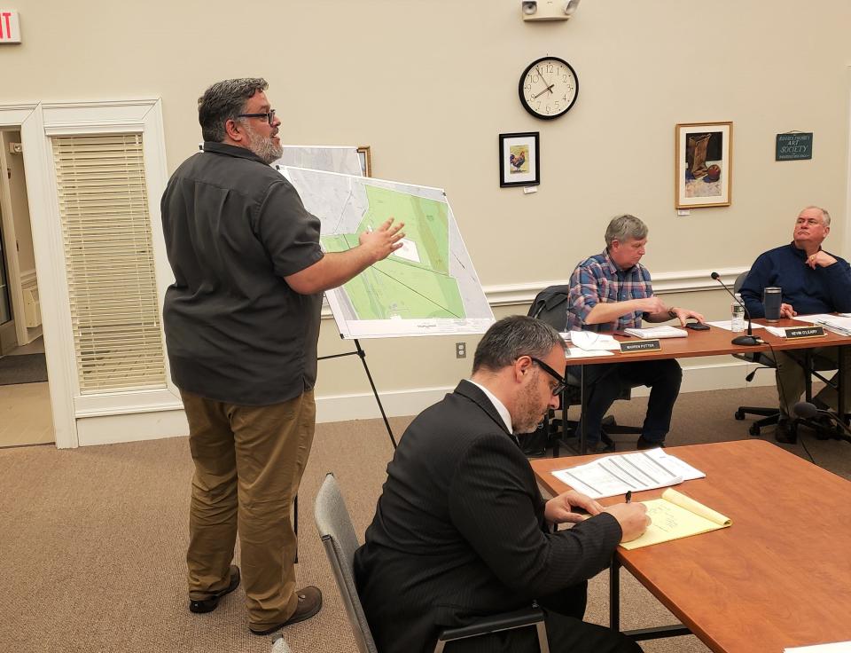 Jan Carlos Byl, a cannabis cultivation consultant, shows plans for an indoor marijuana grow operation during a meeting of the Lafayette Land Use Board on Wednesday, Feb. 15, 2023. Byl will be the chief operating officer of the facility on Route 206.