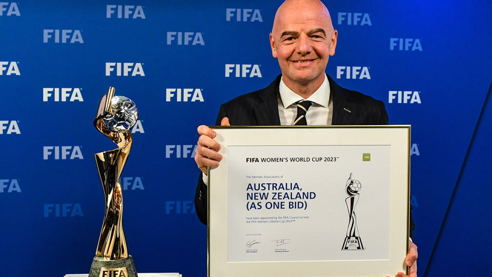 Gianni Infantino, pictured here announcing Australia and New Zealand as the winners.