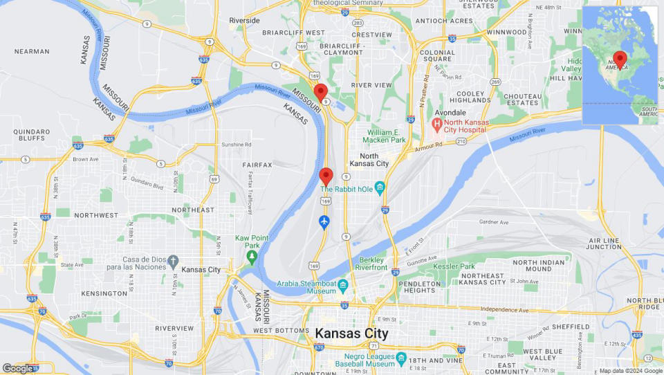 A detailed map that shows the affected road due to 'Warning: Crash on northbound US-169 in North Kansas City' on July 22nd at 4:45 p.m.