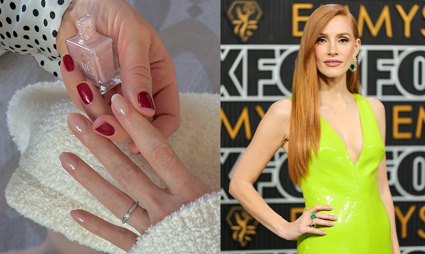 close up of a manicure in progress; woman on a red carpet with sheer nail polish