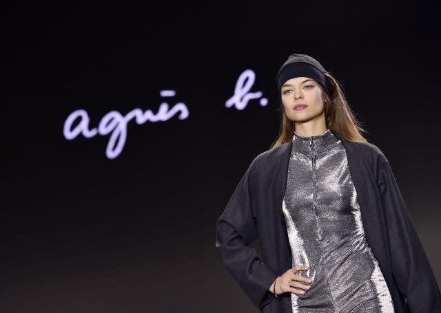 A model presents a creation by Agnes B during the 2016-2017 fall/winter ready-to-wear collection on March 8, 2016 in Paris