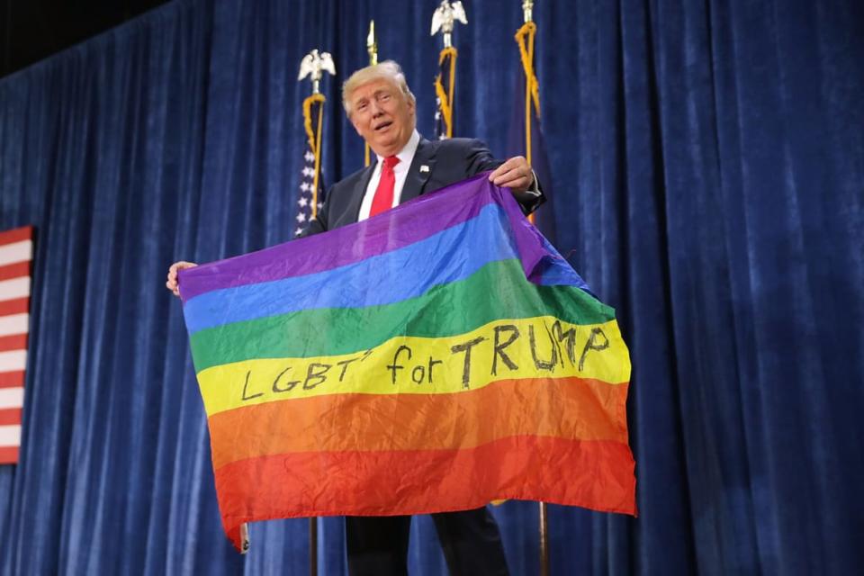 <div class="inline-image__caption"><p>Then presidential nominee Donald Trump holding an LGBT rainbow flag given to him by a supporter at a 2016 campaign rally in Colorado. </p></div> <div class="inline-image__credit">Photo by Chip Somodevilla/Getty Images</div>